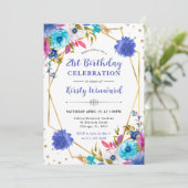 ピンクとブルーの春の花フレーム誕生日 招待状 (スタンド正面)