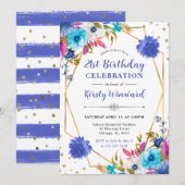 ピンクとブルーの春の花フレーム誕生日 招待状 (正面/裏面)