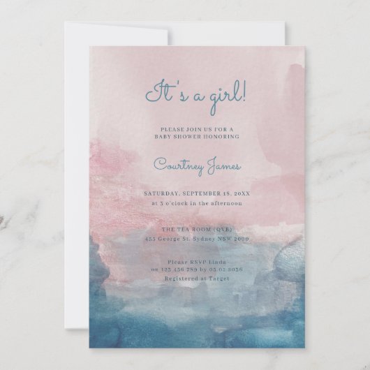 ピンクとブルーの水の色それは女の子の赤ちゃんシャワーである 招待状 (正面)