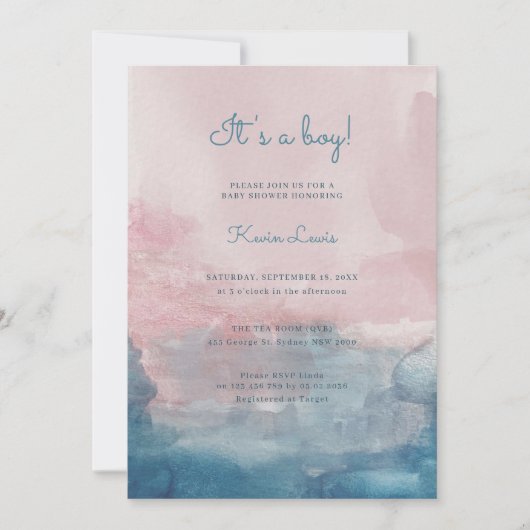 ピンクとブルーの水の色それは男の子のシャワーである 招待状 (正面)