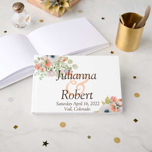 ピンクとブルーの水の色のフローラ結婚のゲストボー ゲストブック (正面見開き)