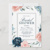 ピンクとブルーの水カラーフローラブライダルシャワー 招待状 (正面)