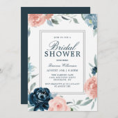 ピンクとブルーの水カラーフローラブライダルシャワー 招待状 (正面/裏面)