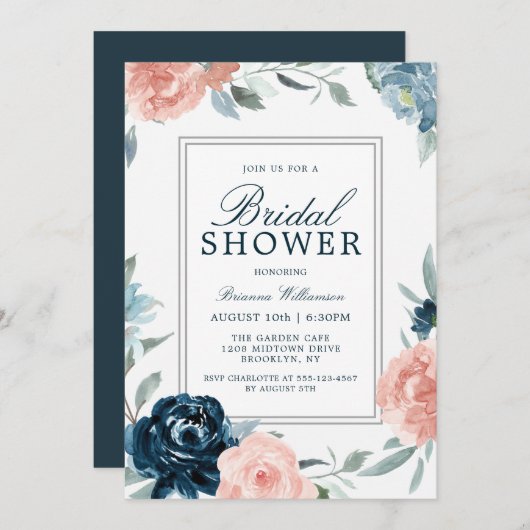 ピンクとブルーの水カラーフローラブライダルシャワー 招待状 (正面/裏面)