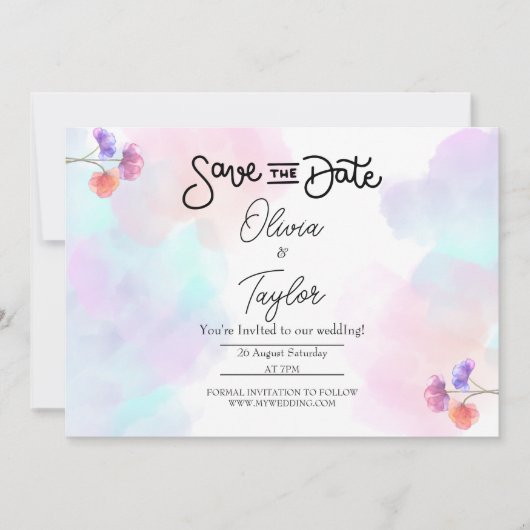 ピンクとブルーの水カラー結婚式招待状 招待状 (正面)