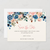 ピンクとブルーの水彩の花の日付を保存 インビテーションポストカード (正面/裏面)