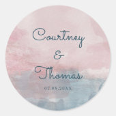 ピンクとブルーの水彩ウェディングラベル ラウンドシール (正面)