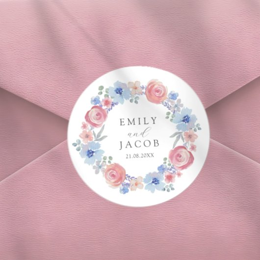 ピンクとブルーの水彩フラワーの結婚式 ラウンドシール