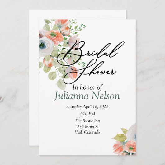 ピンクとブルーの水彩フローラ招待 招待状 (正面/裏面)