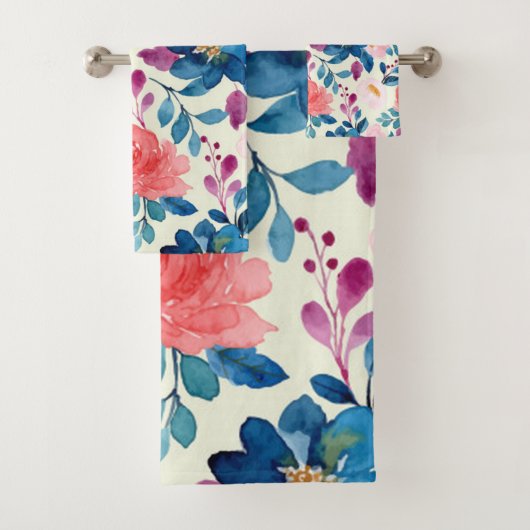ピンクとブルーの水彩フローラ バスタオルセット (インサイチュ)