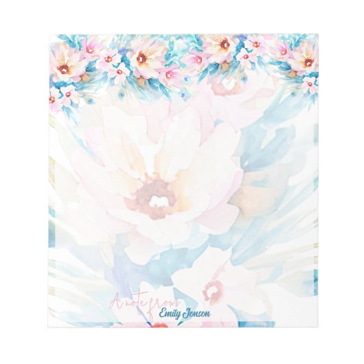 ピンクとブルーの水彩フローラ パーソナライズされた ノートパッド (正面)