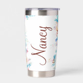ピンクとブルーの水彩フローラ パーソナライズされた 保温保冷タンブラー (左面)