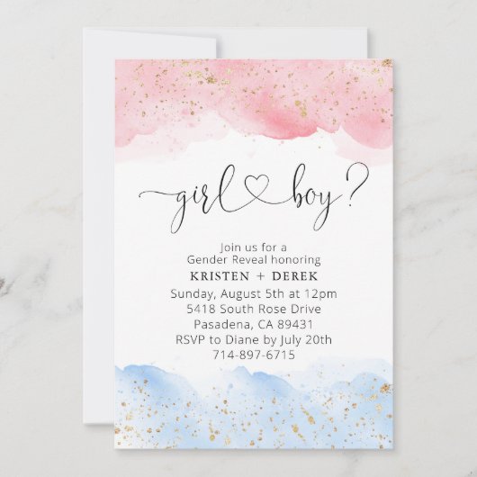 ピンクとブルーの水彩性別の表示 招待状 (正面)