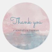 ピンクとブルーの水彩画のサンキューラベル ラウンドシール (正面)