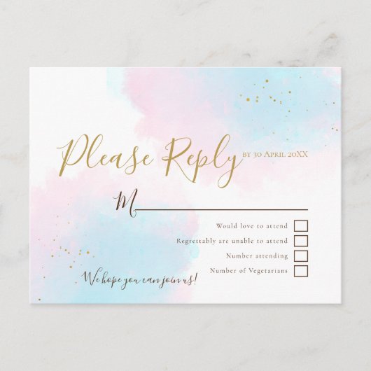 ピンクとブルーの水彩結婚式RSVP ポストカード (正面)