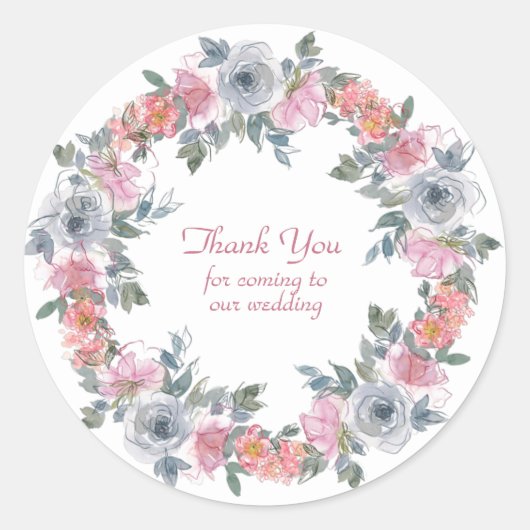 ピンクとブルーの水彩花ありがとうクラシック ラウンドシール (正面)