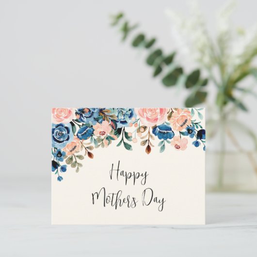 ピンクとブルーの水彩花お母さんの日 ポストカード (スタンド正面)