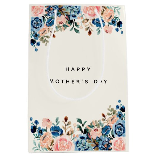 ピンクとブルーの水彩花お母さんの日 ミディアムペーパーバッグ (正面)