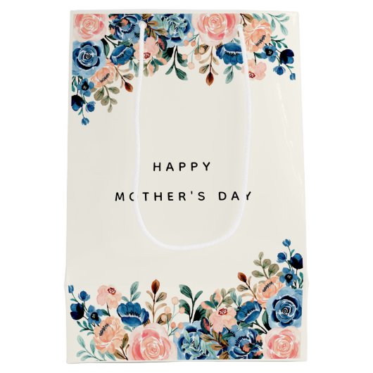 ピンクとブルーの水彩花お母さんの日 ミディアムペーパーバッグ (裏面)