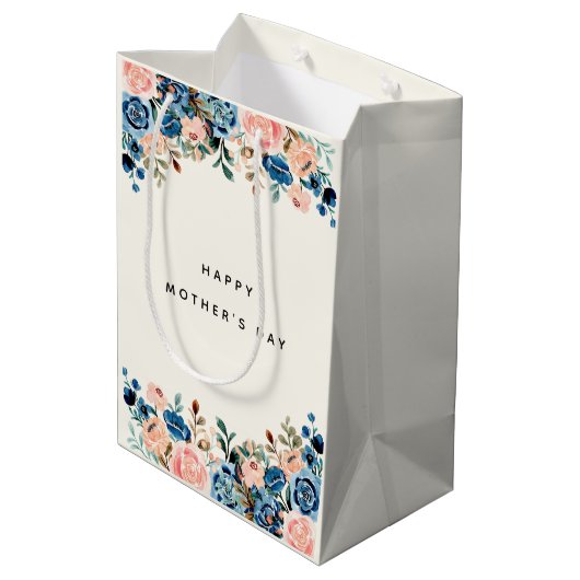 ピンクとブルーの水彩花お母さんの日 ミディアムペーパーバッグ (裏面アングル)