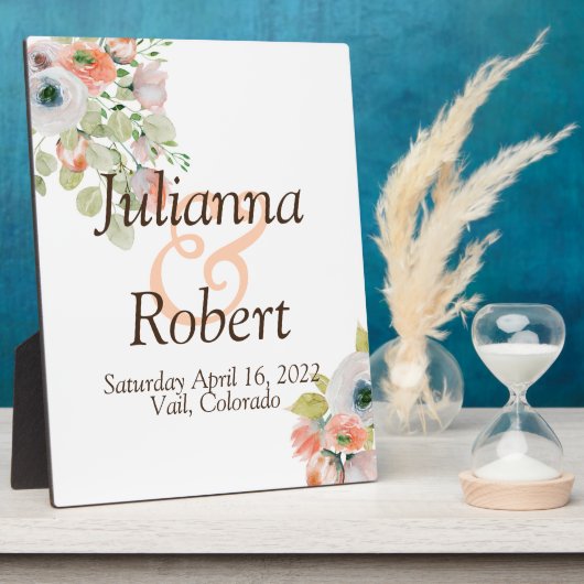 ピンクとブルーの水彩花のウェディングプレート フォトプラーク (側面)