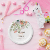 ピンクとブルーの水彩花のウェディングペーパー プラ ペーパープレート (パーティー)