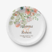 ピンクとブルーの水彩花のウェディングペーパー プラ ペーパープレート (正面)