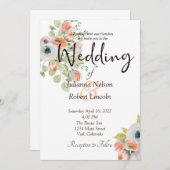 ピンクとブルーの水彩花のウェディング招待状 招待状 (正面/裏面)