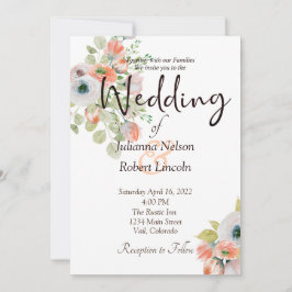 ピンクとブルーの水彩花のウェディング招待状 招待状