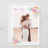 ピンクとブルーの水彩花のロマンチックなウェディング サンキューカード (正面)