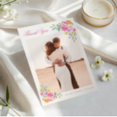 ピンクとブルーの水彩花のロマンチックなウェディング サンキューカード