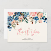ピンクとブルーの水彩花の感謝 ポストカード (正面/裏面)