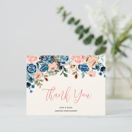 ピンクとブルーの水彩花の感謝 ポストカード (スタンド正面)