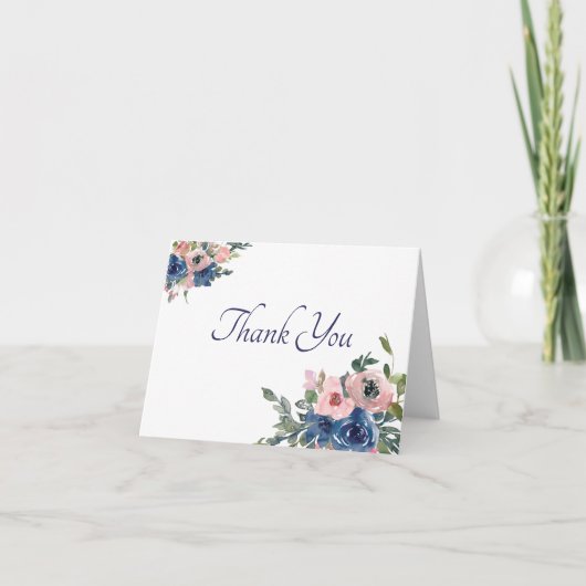 ピンクとブルーの水彩花イラストの感謝カード サンキューカード (正面)