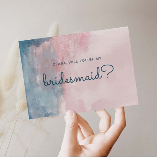 ピンクとブルーの水彩花嫁カード 招待状