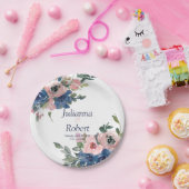 ピンクとブルーの水彩花柄のウェディングペーパープラ ペーパープレート (パーティー)