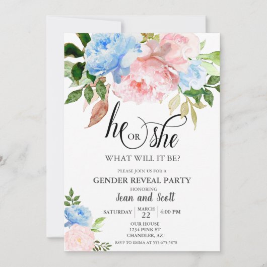 ピンクとブルーの水彩花柄の性別発表パーティー 招待状 (正面)