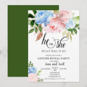 ピンクとブルーの水彩花柄の性別発表パーティー 招待状 (正面/裏面)