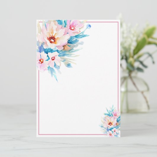 ピンクとブルーの水彩花柄の無地でお手頃な予算のもの 招待状 (スタンド正面)