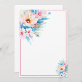 ピンクとブルーの水彩花柄の無地でお手頃な予算のもの 招待状 (正面/裏面)