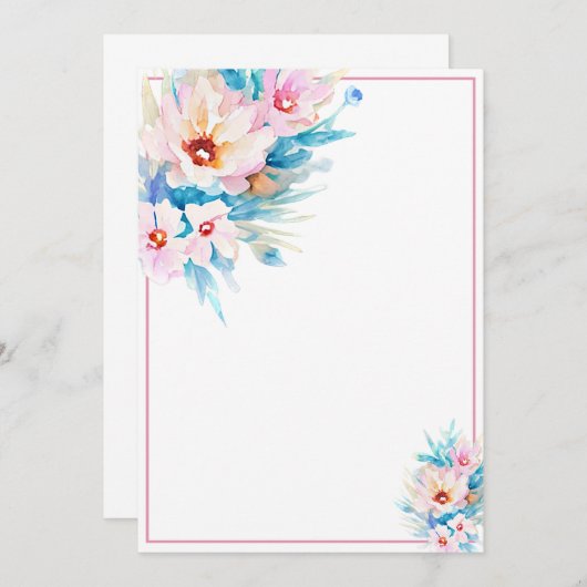 ピンクとブルーの水彩花柄の無地でお手頃な予算のもの 招待状 (正面/裏面)