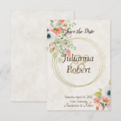 ピンクとブルーの水彩花柄の「Save the Date」カードの招待状 招待状 (正面/裏面)