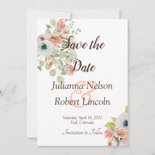 ピンクとブルーの水彩花柄の「save the date」招待状 招待状 (正面)