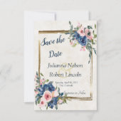 ピンクとブルーの水彩花柄の「save the date」招待状 招待状 (正面)