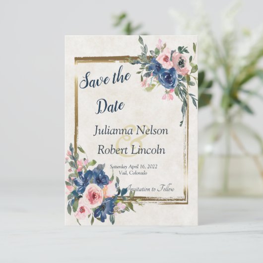 ピンクとブルーの水彩花柄の「save the date」招待状 招待状 (スタンド正面)