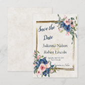 ピンクとブルーの水彩花柄の「save the date」招待状 招待状 (正面/裏面)