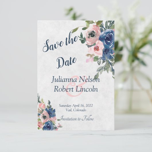ピンクとブルーの水彩花柄の「save the date」招待状 招待状 (スタンド正面)