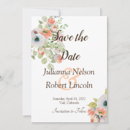 ピンクとブルーの水彩花柄の「save the date」招待状 招待状