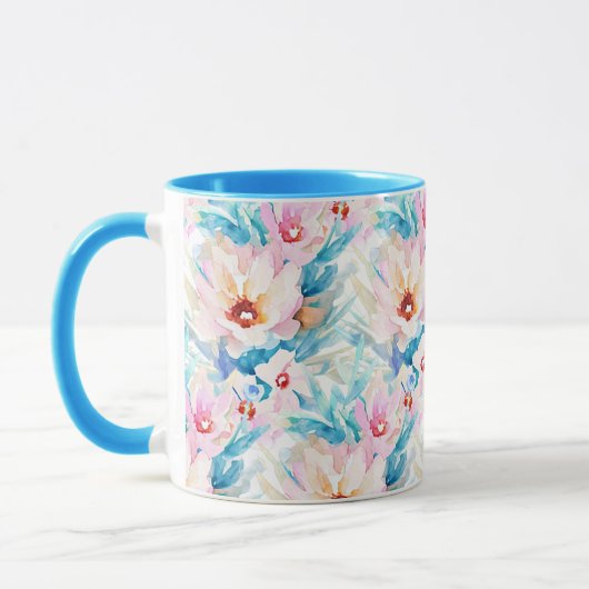 ピンクとブルーの水彩花柄 マグカップ (左)