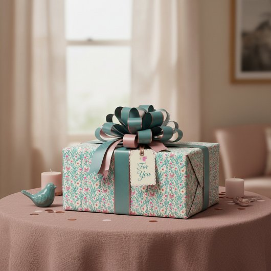 ピンクとブルーの水彩花柄 ラッピングペーパー